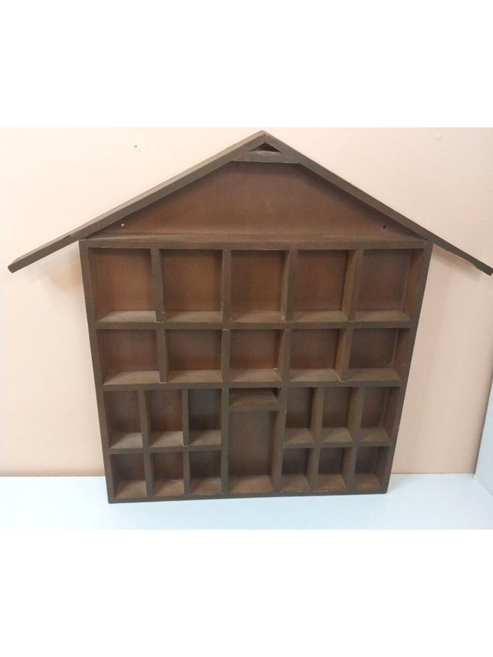 Wooden House-Shaped Shadow Box 25 Compartments Curio Rustic Brown 17"x15"
